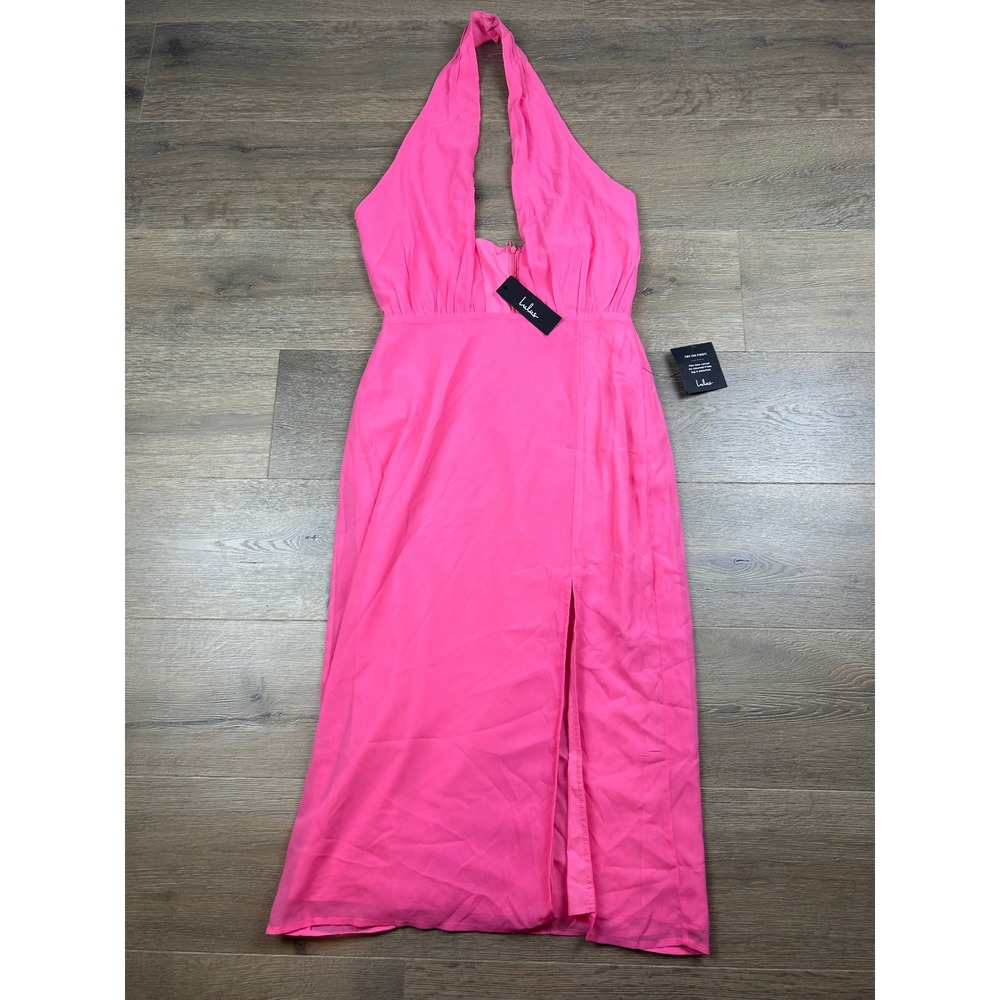Lulus Hot Pink Halter Midi Dress Deep V-Neck Side Slit Size Medium NWT